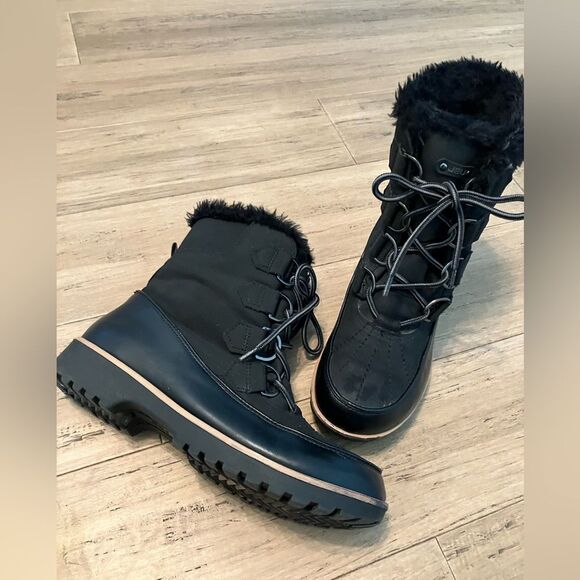 JBU black  lined with faux fur lace up black winter weatherproof ankle boots 8 - Picture 3 of 6